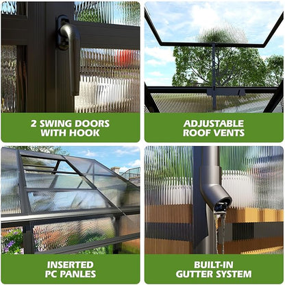 AMERLIFE 10x18x8.4 FT Polycarbonate Greenhouse with 4 Roof Vents & Rain Gutter, Heavy Duty Aluminum Greenhouse for Outdoor Garden Backyard, Black