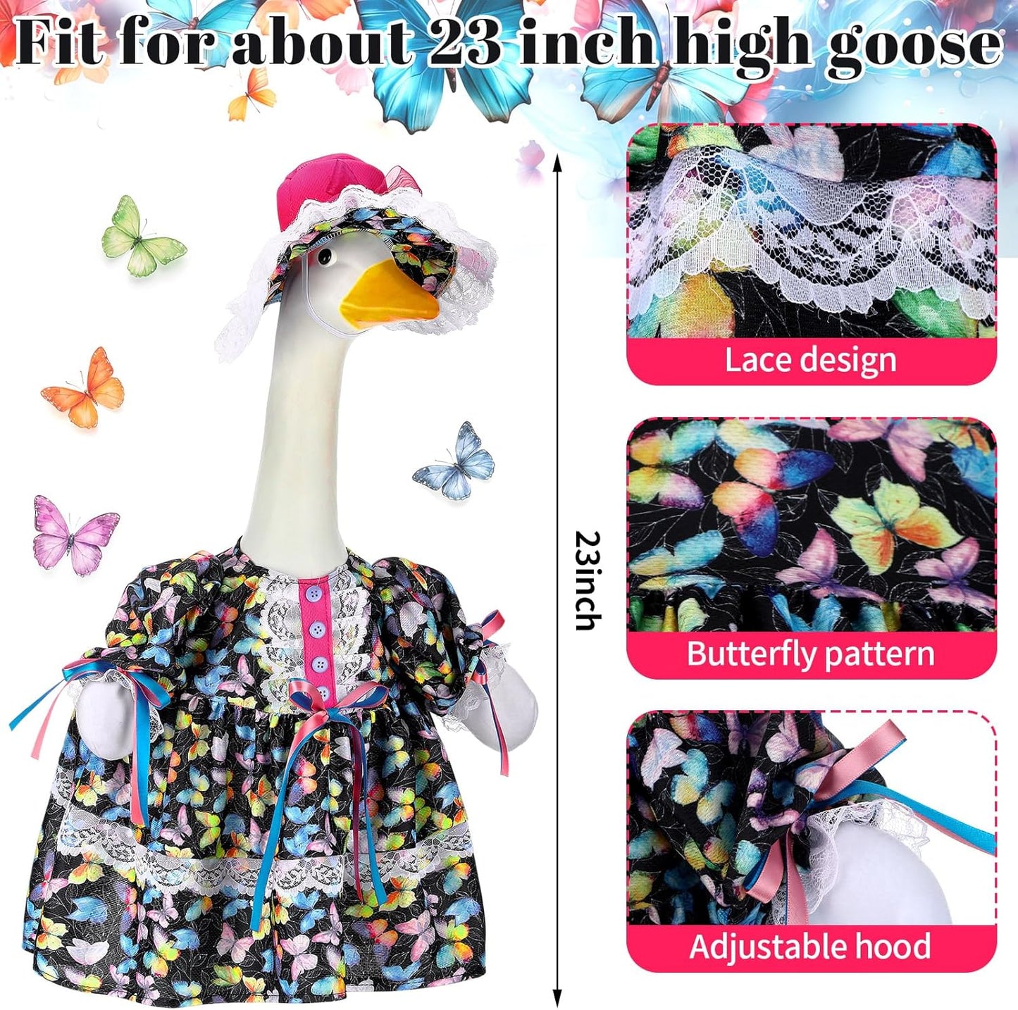 Suzile Porch Goose Outfit Butterfly Clothes for 23" High Cement or Plastic Goose Costume Dresses for Yard Lawn Outdoor Garden Patio Statue Holiday Spring Decor