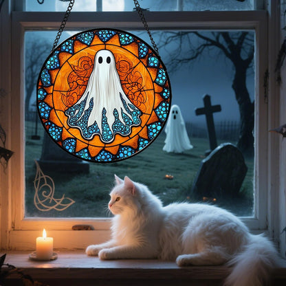 Stained Glass Window Hanging - Halloween Decorations White Ghost Suncatcher for Doors Garden Indoor Spooky Funny Blue Sun Catchers Gothic Decor Horror Gifts for Women Men Friend 15 in