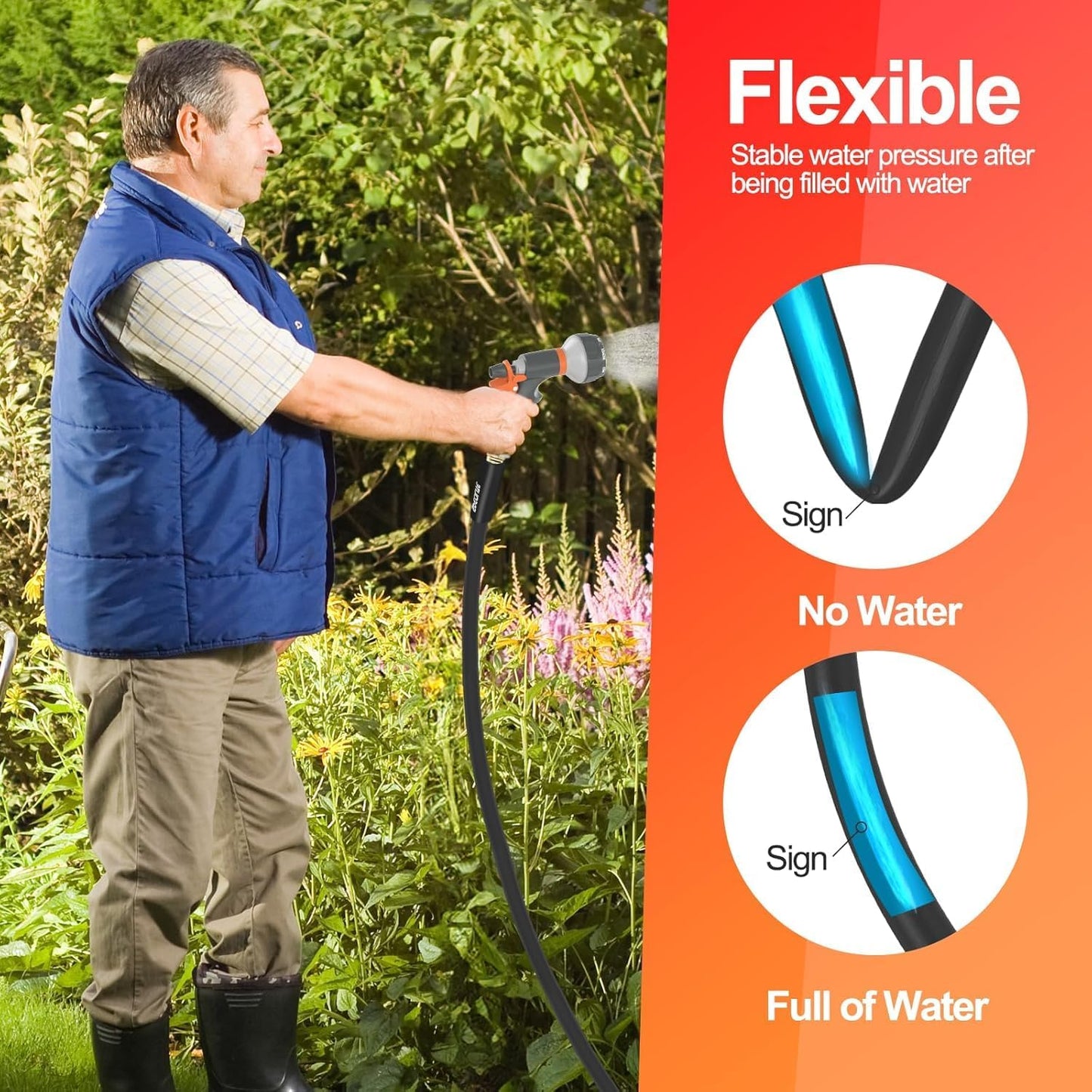 SPECILITE Garden Water Hose 200 ft x 3/4 in Heavy Duty, Flexible and Lightweight, Burst 600 psi, Kink-less Hybrid Rubber Pipe for Backyard, 3/4'' Brass Fittings, Black