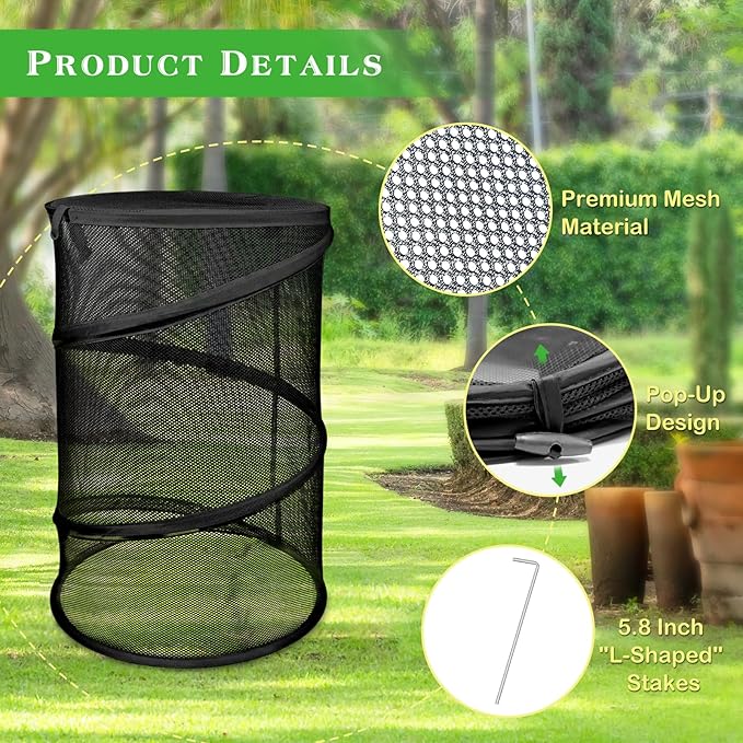 Pop up Plant Cover Net, 4 Pack Black Round Foldable Net Cover to Prevent Animal Damage, Garden Plant Protection Cover with Stakes for Outdoor Plants