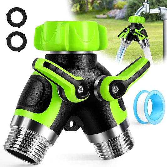 Garden Hose Spiltter, 2 Way Y Spigot Adapter with Shutoff Valves, Heavy Duty Metal Body Outdoor Faucet Connector, Leakproof 3/4" GHT Thread Hose Bib Splitter with 2 Extra Rubber Washers & Tape