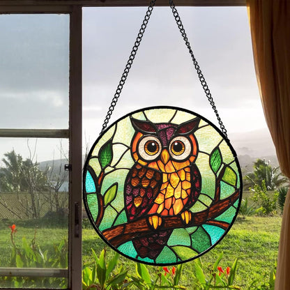 Stained Glass Window Hanging - Owl on a Branch Suncatcher for Doors Window Home Orange Brown Sun Catchers Decor Christmas Mother's Day Birthday Gifts for Teacher Women Men Mom Nana 7.8 in
