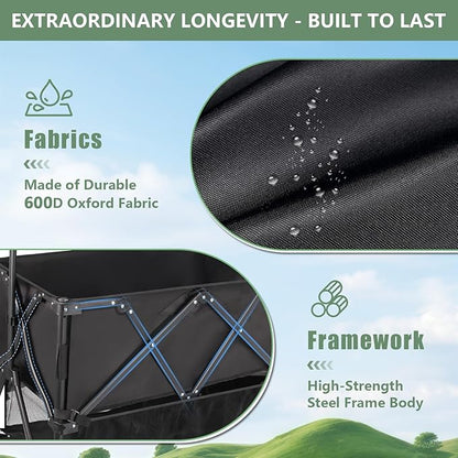 Double Decker Wagon Heavy Duty Collapsible, 600LBS 400L Capacity Foldable Utility Cart with Big Wheels for Beach, Outdoor, Camping & Gardening, Durable Steel Frame