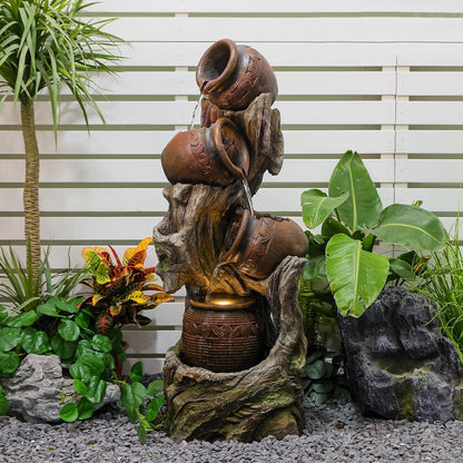 Freestanding Outdoor Fountain - Garden Water Feature with LED, Cascading Jar & Faux Wood Design for Patio/Backyard