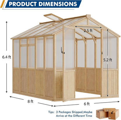 Restland 6x8 FT Wood Greenhouse with Shelves Reinforced Frame Walk-in Greenhouses with Adjustable Roof Vents & Lockable Door Polycarbonate Green House for Outside