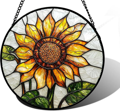 Stained Glass Window Hanging - Sunflower Flower Suncatcher Ready to Hang Window Doors Home Decoration and Christmas, Mother's Day Birthday Gifts for Women, Men, and Mom 7.8x7.8 in