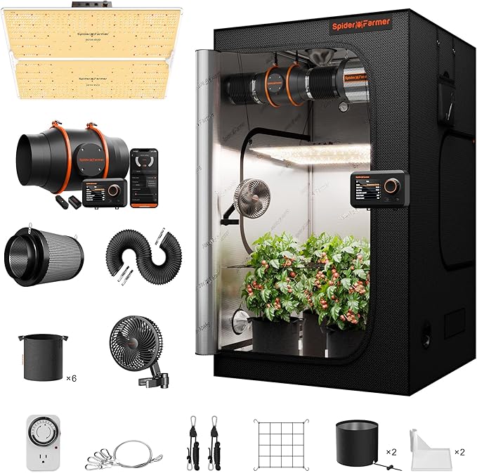 Spider Farmer SF4000 Grow Tent Kit Complete 4x4x6.6ft Samsung LM301H EVO LED Diodes, 450W Grow Light Complete System Grow Tent Set 48"x48"x80" with 6" Ventilation System GGS Smart Controller 2025
