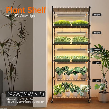 Bstrip DIY Plant Shelf with Grow Light, Grow Light Shelf with Adjustable Rack and Wheels, Plant Stand, 8-Pack 192W T8 Full Spectrum Lamps, ideal for Seed Starting, Seed Tray, 29.5"L x 13.8"W x70.9"H