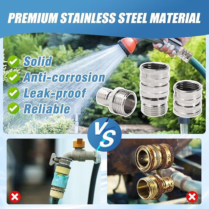 Stainless Steel Garden Hose Quick Connect Set, 3/4 Inch GHT Water Hose Fittings, Heavy Duty Quick Release Connector for Garden Hose, and Sprayers