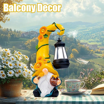 Thanksgiving Decorations for Home Porch 12" Solar Sunflower Gnome Garden Statues Honey Bee Jar Decor with LED Lantern Outdoor Gnomes Decorations Patio Yard Balcony Art Birthday Gifts for Mom Grandma
