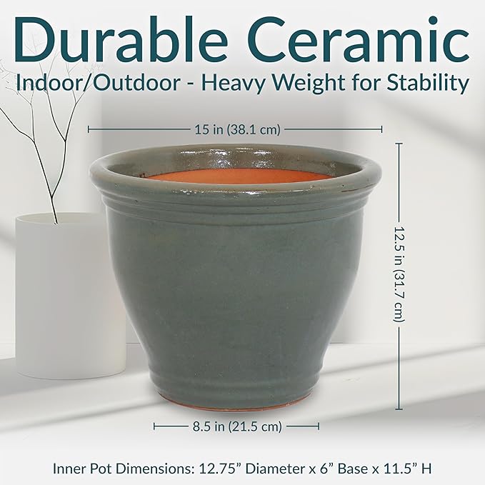 Sunnydaze Large Ceramic Plant Pot - Round Outdoor Glazed Ceramic Planter Pot with Drainage - Gray - Studio - 15"
