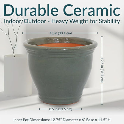 Sunnydaze Large Ceramic Plant Pot - Round Outdoor Glazed Ceramic Planter Pot with Drainage - Gray - Studio - 15"