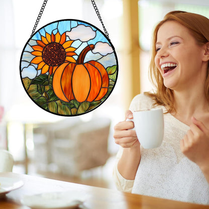 Stained Glass Window Hanging Fall Farm Scenery Sunflower Pumpkin Large 11.8" - Suncatcher Door Garden Kitchen Sunroom Sun Catcher Home Decor Birthday for Mom Grandma Men Woman