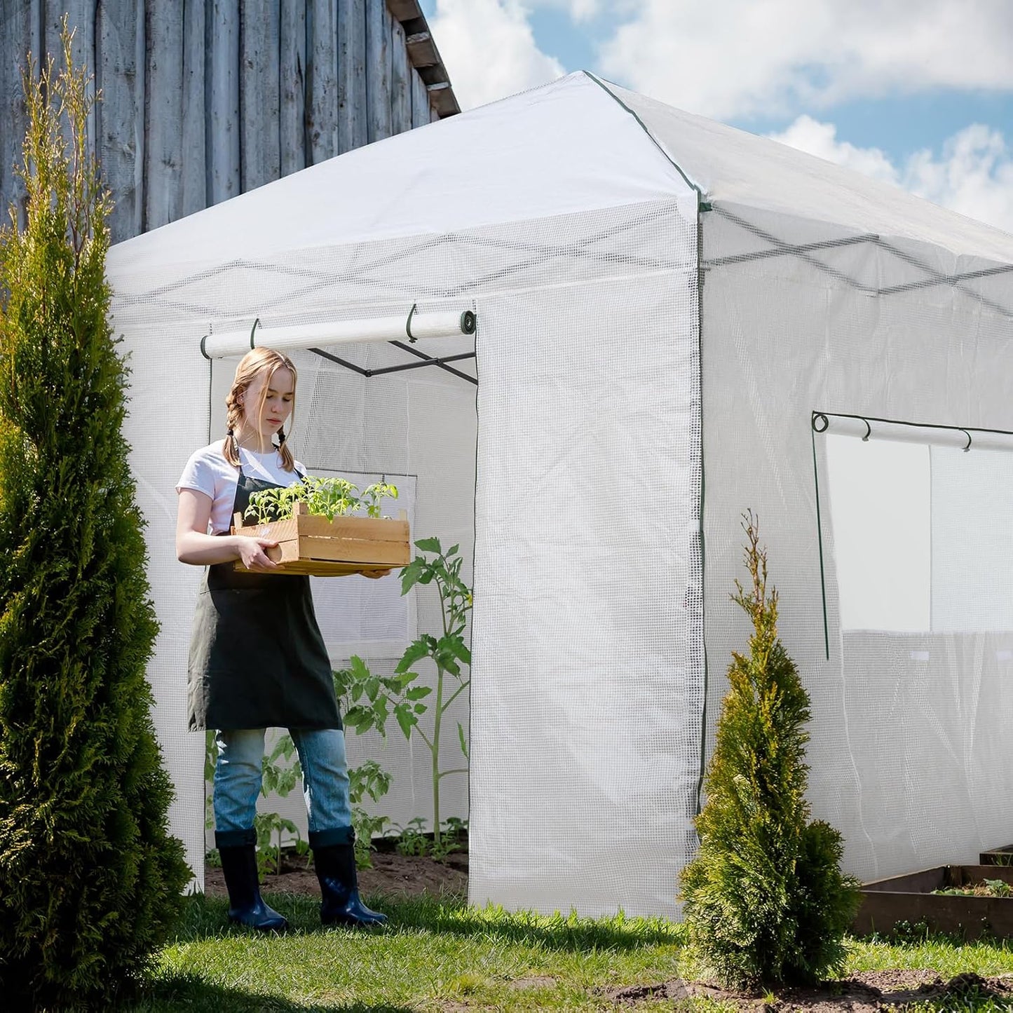 EAGLE PEAK Instant Pop-up Greenhouse, Indoor Outdoor Plant Gardening Green House, Roll-Up Zipper Doors and Side Windows, Walk in 10x10 ft, White/Clear