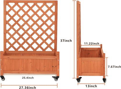 2 Pcs Wooden Planter Boxes with Trellis: Four Universal Wheels for Easy Mobility, 37.6" H x 27.5" W x 13" D,Perfect for Outdoor Climbing Plants on Patios, Balconies & Gardens