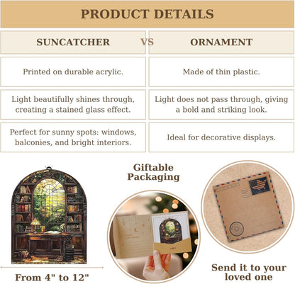 Library Books Bookish Acrylic Suncatcher Stained Glass Effect Window Car Hanging Christmas Ornament Indoor Outdoor Decor Garden Bookworm Sun Catcher Book Lover for Women Mom Grandma