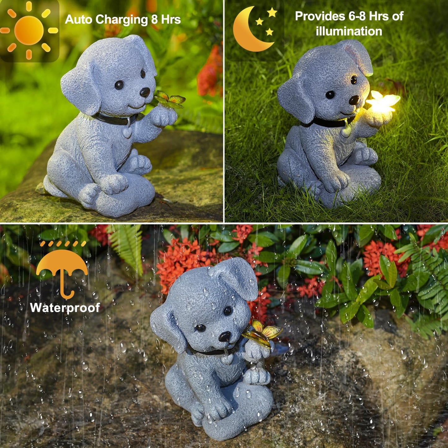 Solar Dog Statue with Butterfly – Outdoor Garden Decor for Home, Patio, Yard, Balcony, or Porch – Ideal Gifts for Women, Mom, Grandma – Housewarming Surprise