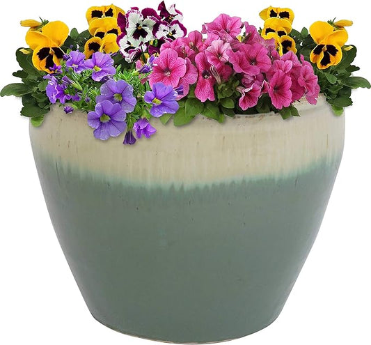 Sunnydaze Large Ceramic Plant Pot - Round Outdoor Glazed Ceramic Planter Pot with Drainage - Chalet - Seafoam - 14.5"