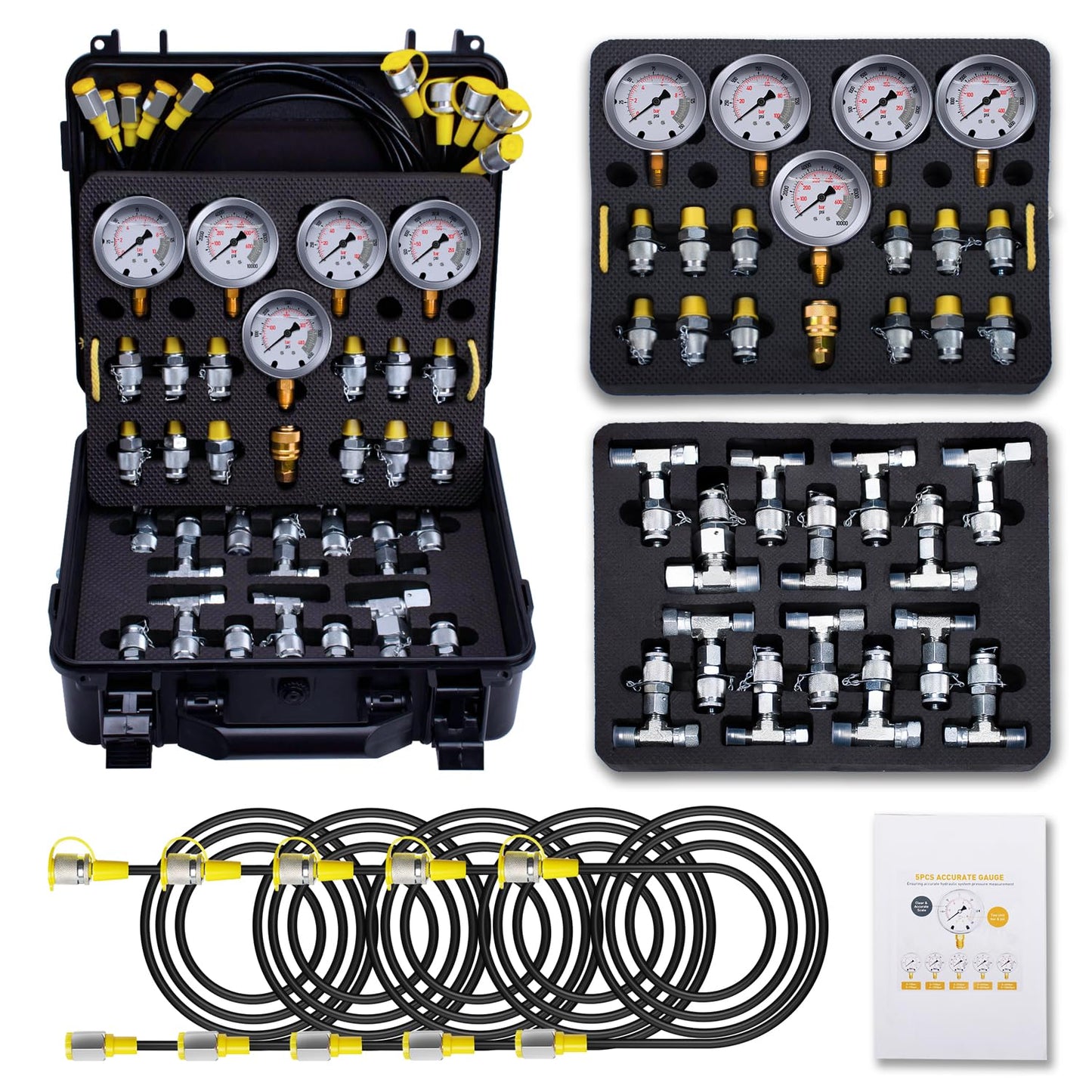 Hydraulic Pressure Test Kit with 5 Gauges(Max 10000 PSI), 13 Test Couplings 14 Tee Connectors 5 Test Hoses, Hydraulic Gauge Tester Set for Excavator, Construction, Machinery, and Mine