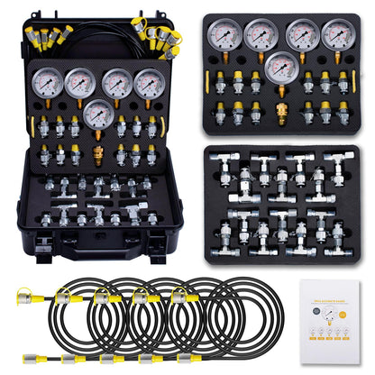 Hydraulic Pressure Test Kit with 5 Gauges(Max 10000 PSI), 13 Test Couplings 14 Tee Connectors 5 Test Hoses, Hydraulic Gauge Tester Set for Excavator, Construction, Machinery, and Mine