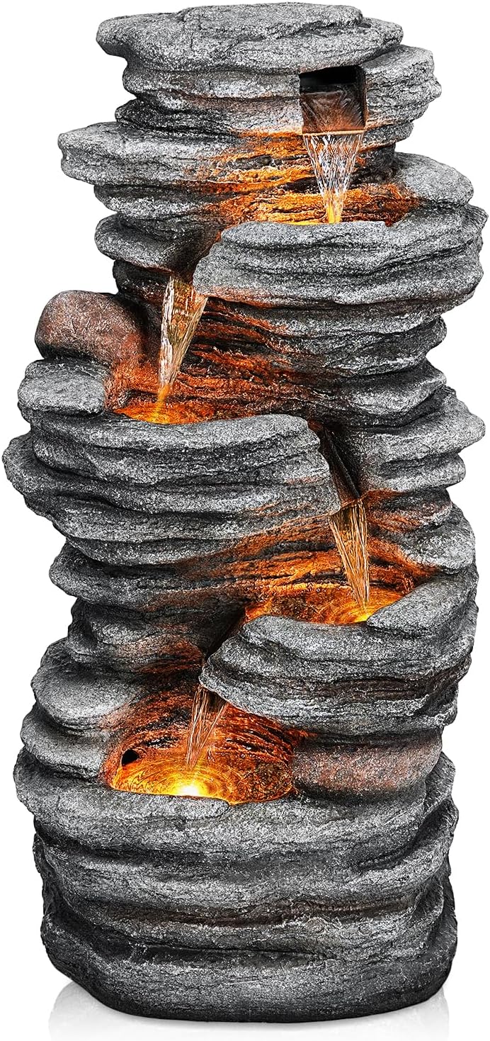 40" Outdoor Water Fountain with LED Lights - 5-Tier Cascading Rock Waterfall Fountain, Natural Rock Look, Ideal for Garden, Landscaping, Patio, Balconies and Yard Decor