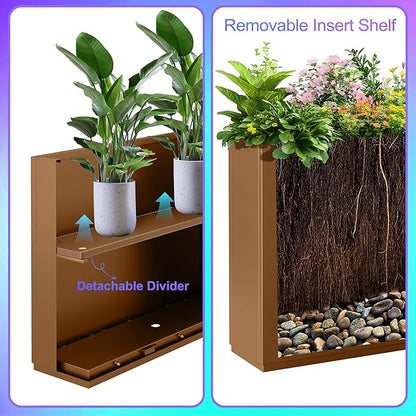 Tall Metal Planter, 12" W×24" H Large Rectangular Planter Box for Outdoor or Indoor, All-Weather Durable Plant Box with Drainage Holes & Removable Shelf for Patio, Porch, Garden, Trees, Flowers