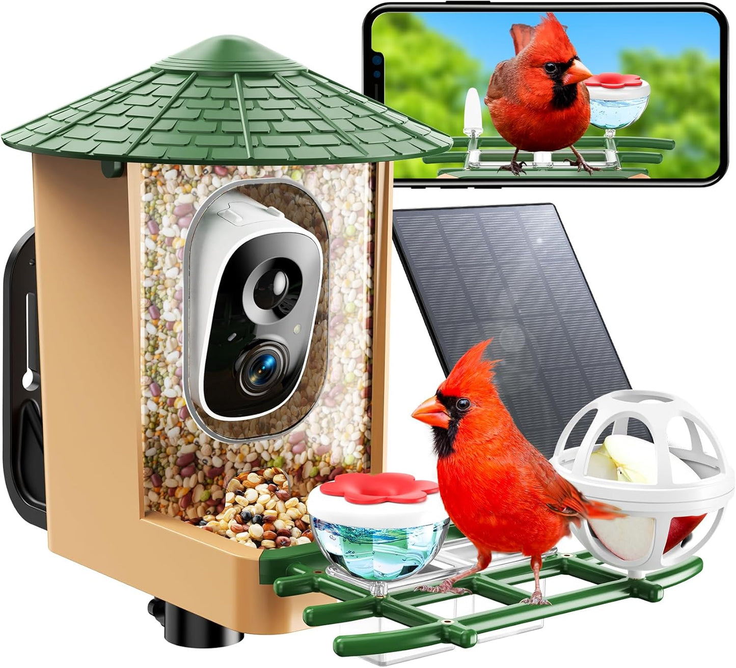 Smart Bird Feeder with Camera with AI Identify Birds Species & Solar Panel, WiFi Birdfeeder with Cam, 2K Live View, Chew-Proof & Waterproof Design, Real-Time App Alerts, Gift for Bird Lovers, Green