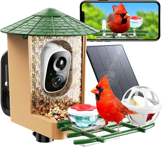 Smart Bird Feeder with Camera with AI Identify Birds Species & Solar Panel, WiFi Birdfeeder with Cam, 2K Live View, Chew-Proof & Waterproof Design, Real-Time App Alerts, Gift for Bird Lovers, Green