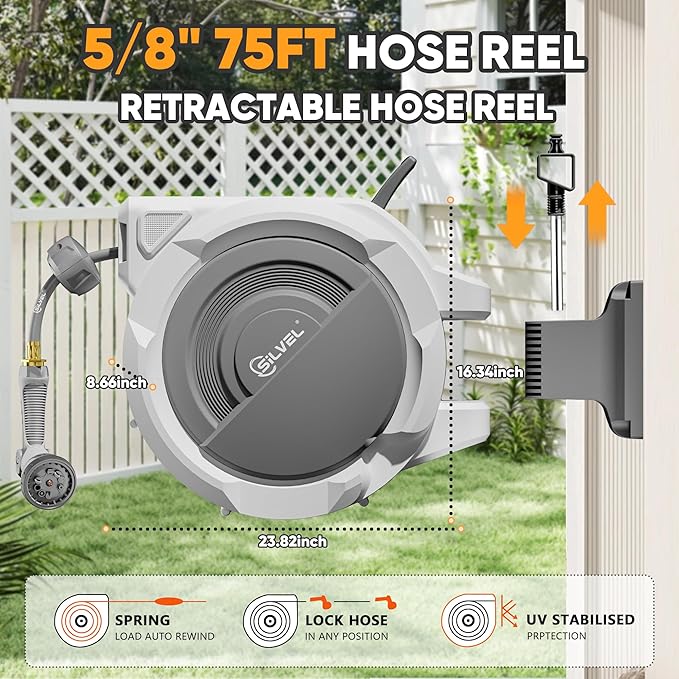 SILVEL Retractable Garden Hose Reel – 5/8 in x 75FT Heavy Duty Automatic Hose Reel Wall Mounted, Upgraded UV Resistant with 10 Pattern Nozzle, Any Length Lock & Slow Return System, 180°Swivel Bracket