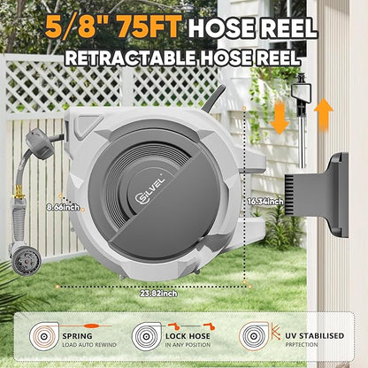 SILVEL Retractable Garden Hose Reel – 5/8 in x 75FT Heavy Duty Automatic Hose Reel Wall Mounted, Upgraded UV Resistant with 10 Pattern Nozzle, Any Length Lock & Slow Return System, 180°Swivel Bracket