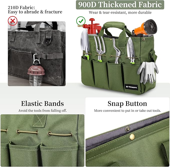 Garden Tote Bag, Gardening Tool Bag Organizer with Pockets & Handle, 900D Heavy Duty Garden Storage Bag with Long Adjustable Shoulder Strap for Tools, Green