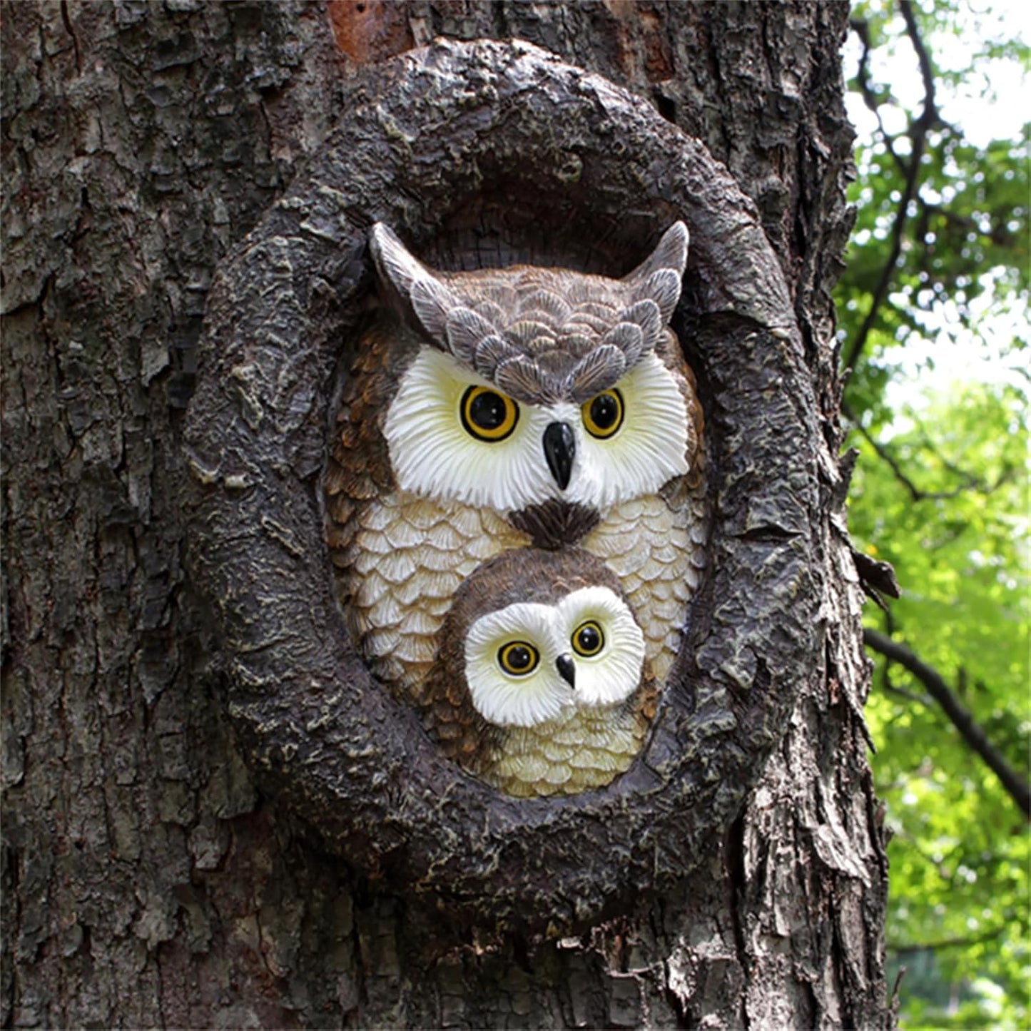 Owl Garden Statues Outdoor Decor, Fake Owl Mum and Baby Decoy to Scare Birds Away, Tree Face Decor Resin Figurine Sculpture Garden Peeker Yard Art Decoration for Patio Housewarming Gifts