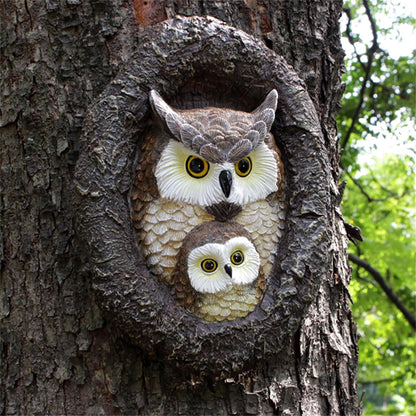 Owl Garden Statues Outdoor Decor, Fake Owl Mum and Baby Decoy to Scare Birds Away, Tree Face Decor Resin Figurine Sculpture Garden Peeker Yard Art Decoration for Patio Housewarming Gifts