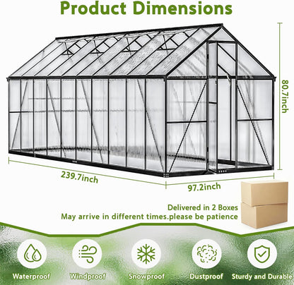 Wanan 20x8FT Greenhouses for Outdoors, Quick Assembly Polycarbonate Green House with UV Protection, Heavy Duty Windproof Aluminum Frame, Adjustable Roof Vent for Backyard or Outdoor Garden Use