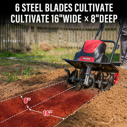 MZK 16-Inch 13.5-Amp Corded Electric Tiller/Cultivator, 8-inch tillling Depth with Adjustable Wheels, Foldable Electric Rototiller for Lawn/Yard/Garden Soil Digging,TC16A08