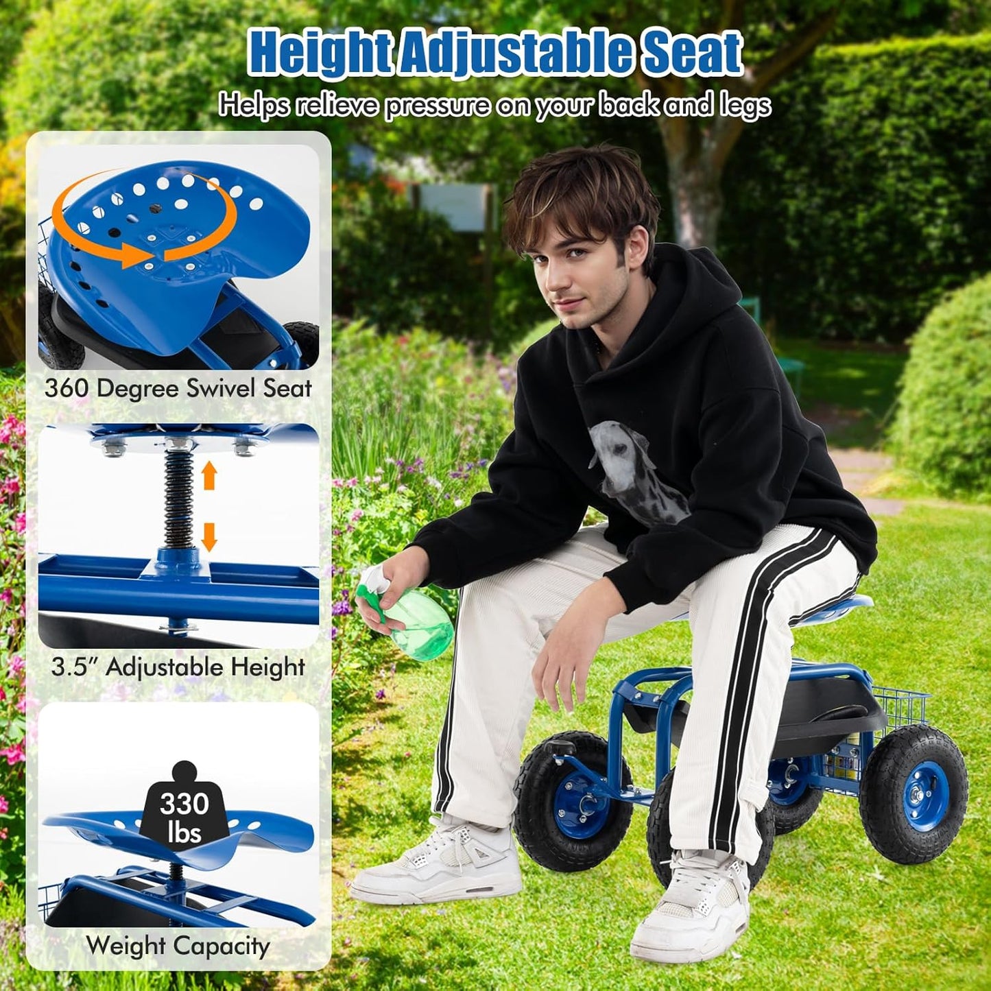 Goplus Garden Seat with Wheels, Rolling Garden Cart with 360 Degree Swivel Seat for Planting, Gardening Stool w/Tool Tray, Basket, Gardening Chair Workseat, Patio Wagon Scooter for Seniors