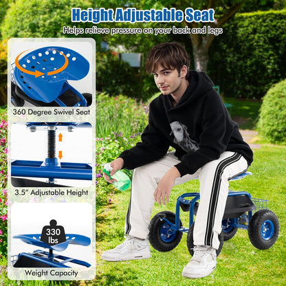 Goplus Garden Seat with Wheels, Rolling Garden Cart with 360 Degree Swivel Seat for Planting, Gardening Stool w/Tool Tray, Basket, Gardening Chair Workseat, Patio Wagon Scooter for Seniors