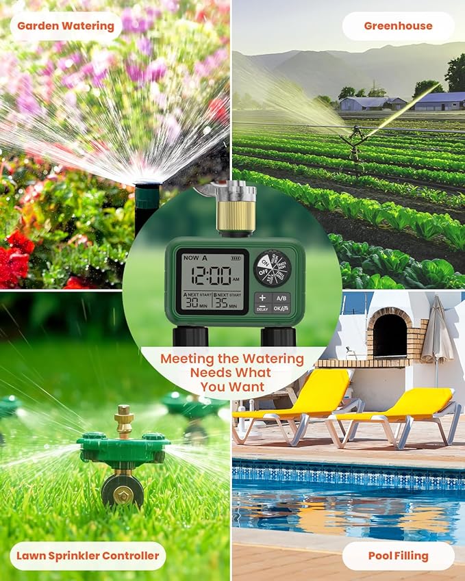 2 Outlet Sprinkler Timer Brass, XinFuture Programmable Water Sprinkler Controller for Yard, Lawn & Greenhouse, Automatic/Manual/Rain Delay Mode, Compatible with Drip Irrigation Systems
