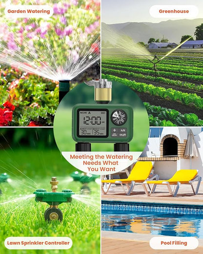 2 Outlet Sprinkler Timer Brass, XinFuture Programmable Water Sprinkler Controller for Yard, Lawn & Greenhouse, Automatic/Manual/Rain Delay Mode, Compatible with Drip Irrigation Systems