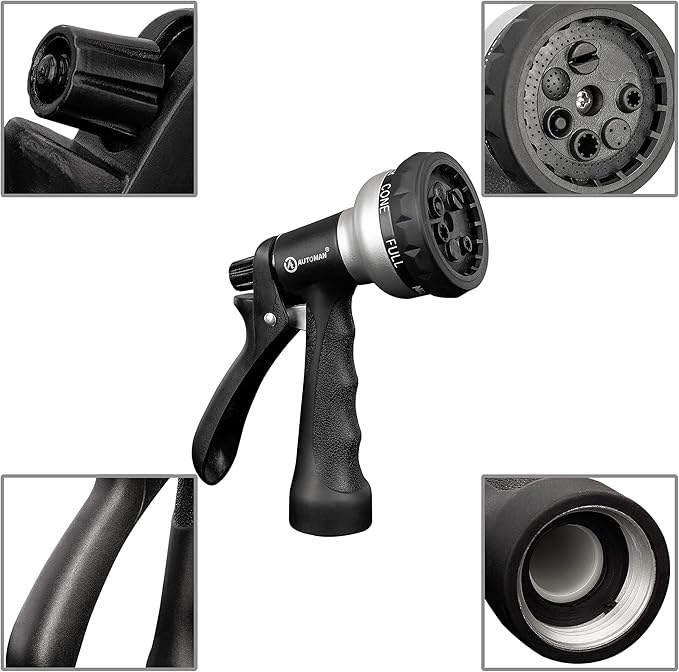 AUTOMAN-Garden-Hose-Nozzle, ABS Water Spray Nozzle, 7 Adjustable Watering Patterns, Slip Resistant for Watering Plants, Lawn& Garden, Washing Cars, Cleaning, Showering Pets & Outdoor Fun.Silver Color