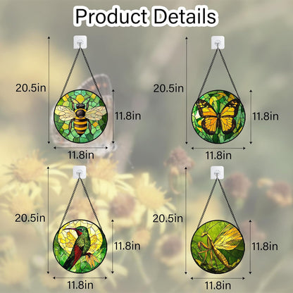 Stained Glass Window Hanging 4 Pcs Set Green Plants Yellow Insect Theme 6.3" - Suncatcher Door Garden Sun Catcher Decor Birthday Christmas for Mom Woman Nana Men