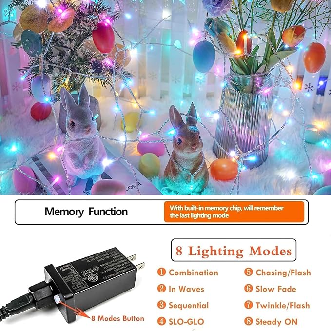 Connectable 200 LED 66FT Christmas String Lights Outdoor Indoor, 66FT Easter Pastel Lights Multicolor Decorations Lights, Waterproof 8 Modes Plug in Twinkle Fairy Lights for Christmas Bedroom Decor