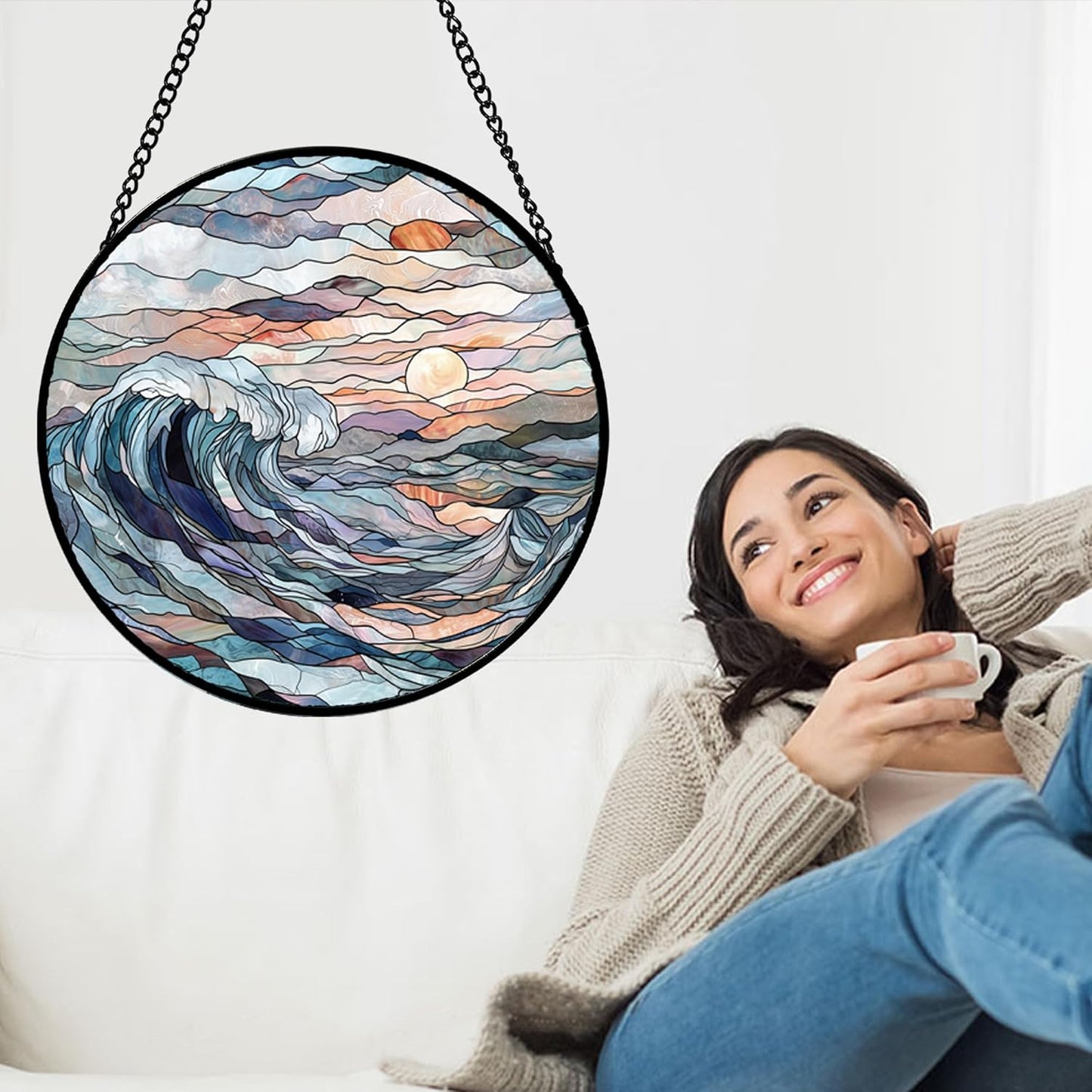 Stained Glass Window Hanging, Sunrise Waves Sun Catchers Diamond Glass Panel Hangings Abstract Suncatcher Decor for Birthday for Women, Men, Wife, Aunt, and Mom 14.9x14.9 in