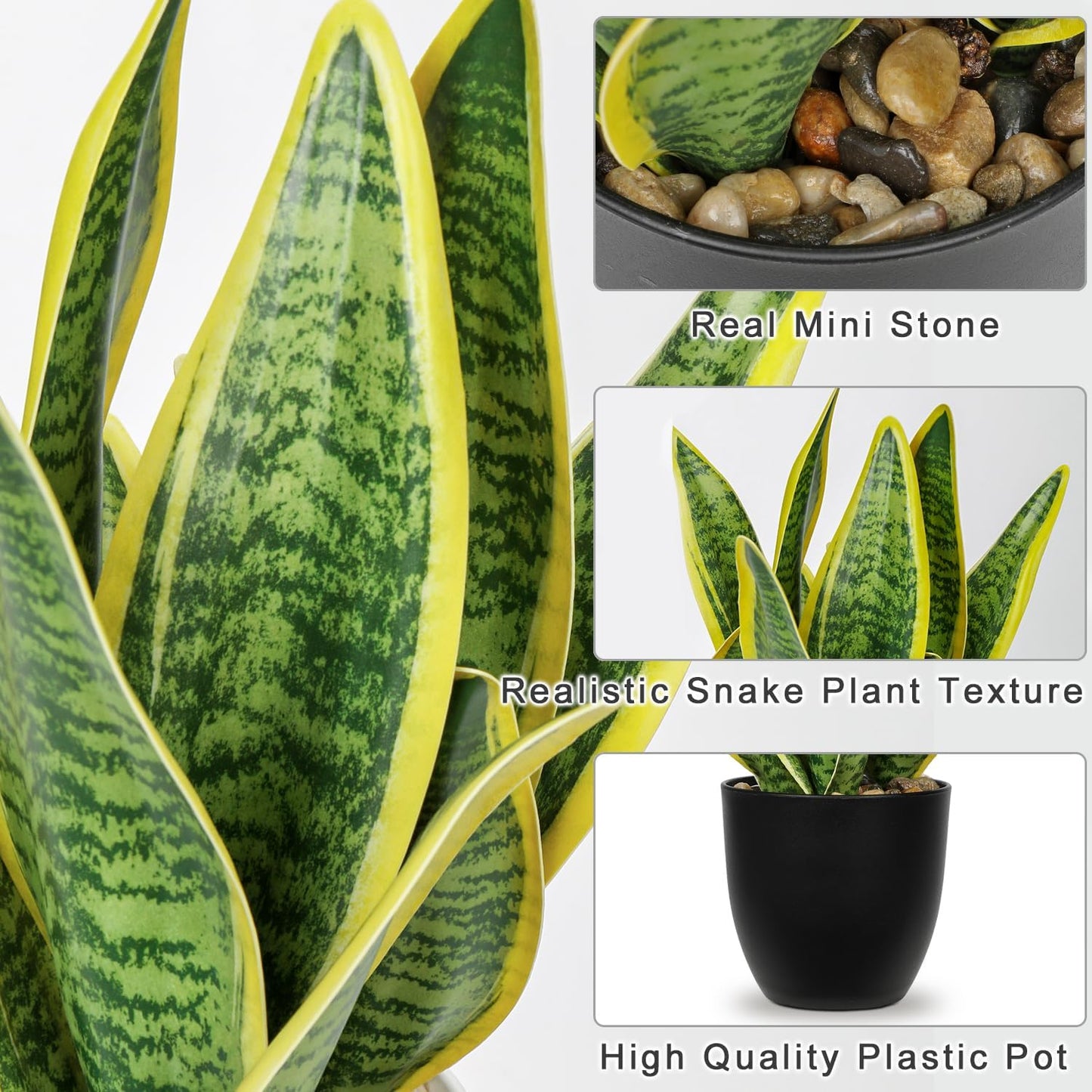 Hollyone Artificial Snake Plant Potted Faux Sansevieria Trifasciata Plants, 13" Tropical Fake Snake Plants in Black Pots for Home Office Room Indoor Decor Housewarming Gifts