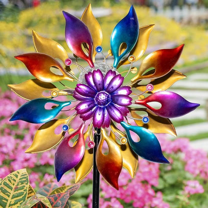 360° Wind Spinners Outdoor with Solar Lights Colored Petals Garden Decor Yard Lawn Art Decor for Patio Kinetic Flower Windmills Unique Gifts for Friends and Family 60.63'' H x 13.38'' Dia