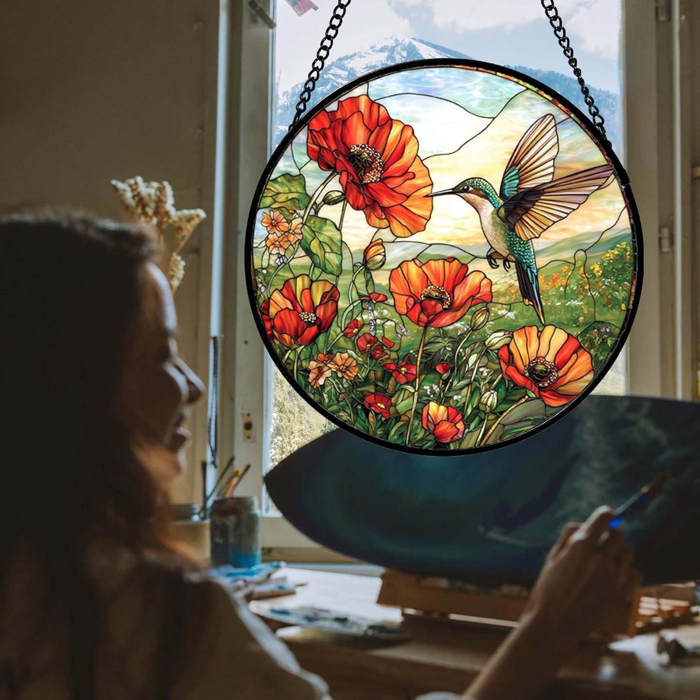 Stained Glass Window Hanging, Hummingbirds Orange Flowers Suncatcher Diamond Glass Panel Hangings Sun Catchers Decor for Birthday for Women, Men, Wife, Aunt, and Mom 14.9 in