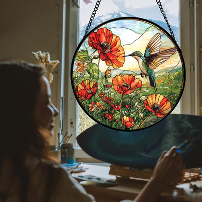 Stained Glass Window Hanging, Hummingbirds Orange Flowers Suncatcher Diamond Glass Panel Hangings Sun Catchers Decor for Birthday for Women, Men, Wife, Aunt, and Mom 14.9 in