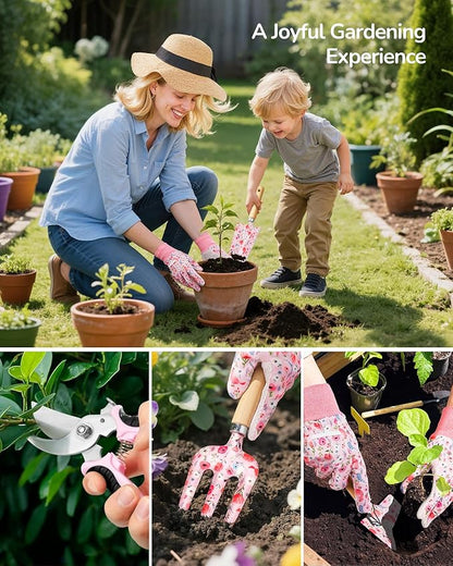 Gardening Tools, 10-Piece Gardening Gift Set for Women, Rust-Proof & Heavy-Duty Tools with Floral Organizer Bag, Fashionable & Thoughtful Gift for Garden Women (Pink)