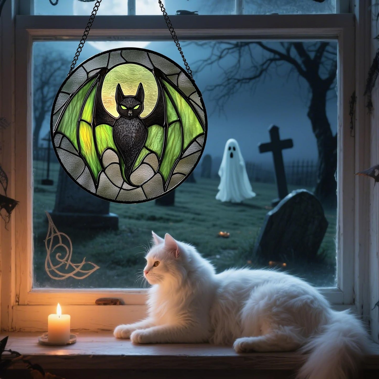 Stained Glass Window Hanging - Halloween Black Bat Green Wings Monster Suncatcher for Doors Garden Home Spooky Sun Catchers Gothic Decor Horror Gift for Women Men Friend Boy Girl 11.8 in